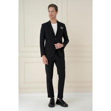 Slim Fit Torba Cep Esnek Spandex Karışımlı Düz Siyah Blazer Ceket C 696