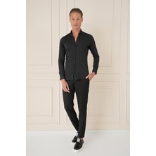 Slim Fit Düğmeli Yaka Esnek Pamuk Klasik Siyah Gömlek Gk 727