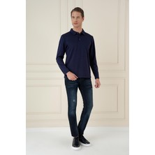 Efor Erkek Slim Fit Pamuklu Uzun Kollu Düğmeli Lacivert Polo Yaka Tişört TS 893