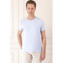 Slim Fit Bisiklet Yaka Düz Pamuklu Buz Mavi Tişört Ts 823