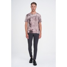 Comfort Fit Bisiklet Yaka Batik Desen Kısa Kol Bej Tişört Ts 914