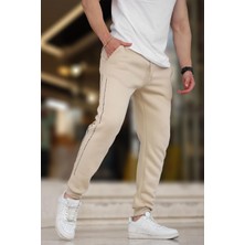 Bej Erkek Paçası Lastikli Yandan Şeritli  Baskılı Eşofman Altı 6551