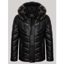 Hakiki Deri Yakası Kürklü Siyah Düz Çizgi Detaylı Dört Cepli Şişme Erkek Deri Mont