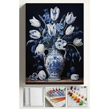 Sayılarla Boyama Çerçeveli Hobi Seti Numaralı Tuval Mavi Vazo Fırça Boya Dahil Kasnaklı 40X50 cm