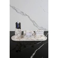 4 Parça Mermer Desenli Beton Ofis Seti Masaüstü Kalemlik Kartvizitlik Notluk