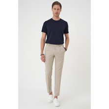 Efor Erkek Comfort Fit Rahat Kalıp Pamuklu Çift Pileli Dokulu Esnek Pamuk Bej Pantolon P 1158