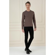 Efor Erkek Slim Fit Ribanalı Vizon Kahverengi Yünlü Bisiklet Yaka Triko Kazak TR 875