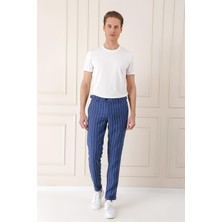 Comfort Fit Yandan Tokalı Çizgili Keten Casuel Indigo Pantolon P 1151