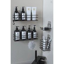 Karteya Paslanmaz Çelik Siyah Metal Banyo Rafı Düzenleyici 4'lü Set Kancalı Tasarım ile Kullanım Kolaylığı