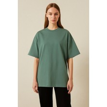 Kadın Bisiklet Yaka Oversize %100 Pamuk t-Shirt