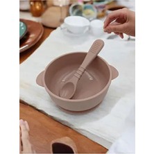 Bebek Kapaklı Bej Mama Kasesi ve Kaşık-Silikon Vakumlu Kase Silikon Kaşık