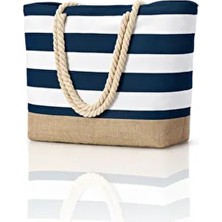 D'Vers Lacivert Su ve Kum Geçirmez Özellikli Büyük Boy Plaj Çantası Jüt Kumaş Detaylı Yaz Koleksiyonu