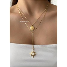 Aksesuaris 2'li Dekolte Kutup Yıldızı Kolye Kombin Zirkon Taşlı Sarı Maden Kadın Kullanıcılar İçin Özel Tasarım