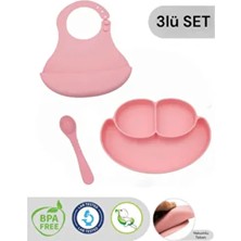 CKM Silikon 3lü Silikon Bebek Beslenme Seti Pembe Vakumlu Tabak Kaşık ve Mama Önlük Kolay Temizlenebilir