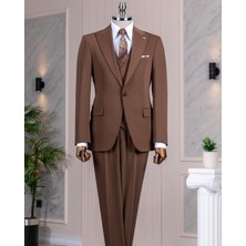 Italyan Stil Slim Fit Ceket Yelek Pantalon Takım Elbise Kahverengi  T13958