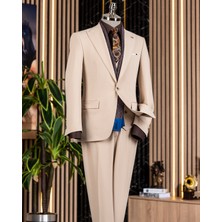 Italyan Stil Slim Fit Ceket Yelek Pantalon Takım Elbise Bej T13959