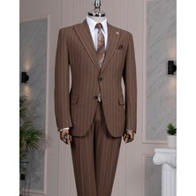 Italyan Stil Slim Fit Sivri Yaka Ceket Pantolon Takım Elbise Kahverengi T14258