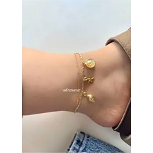 Gold Kadın Halhal 2'li Deniz Kabuğu Deniz Yıldızlı Istridye İnci Halhal - Kumsal Kombin Lak Kaplama