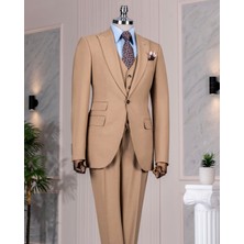 Italyan Stil Slim Fit 8 Drop Ceket Yelek Pantolon Takım Elbise Camel T12632