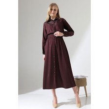 Kadın Boydan Düğmeli Bel Lastik Torba Cepli Tesettür Elbise