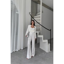 Jakarlı Bluzu Tasarım Detaylı Ceket-Pantolon-Bluz 3 Lü Takım - Beyaz