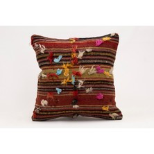 El Yapımı Kilimden Yapılmış Vintage Kırlent Kılıfı, Yün, 40X40 cm