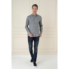 Slim Fit Dokulu %100 Pamuk Lacivert Gömlek G 1584