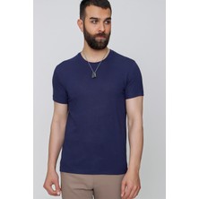 Slim Fit Bisiklet Yaka Düz Pamuklu Lacivert Tişört Ts 823
