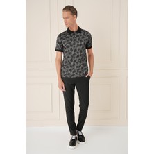 Slim Fit Dal Yaprak Desen Polo Yaka Pamuklu Siyah Tişört Ts 884