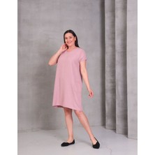 Kadın Büyük Beden Cep Detaylı V Yaka Pudra Pembe Elbise