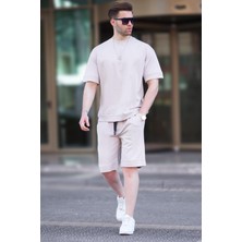 Bej Bisiklet Yaka Basic Erkek Şort Takımı 5953