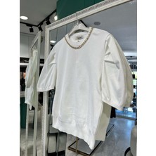 Nefise Kısa Kollu Triko Içlik Zincir Detaylı - Beyaz - Standart