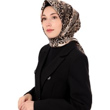 Krem Zebra Leopar Desen Twill Ipek Eşarp