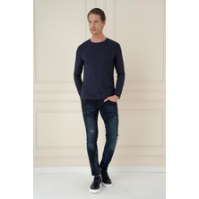 Efor Erkek Slim Fit Fitilli Dokuma Pamuklu Uzun Kollu Lacivert Tişört TS 887