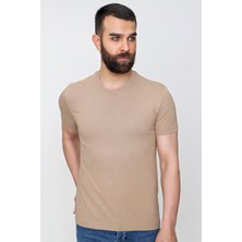 Efor Erkek Slim Fit Bisiklet Yaka Esnek Pamuklu Düz Bej Tişört TS 823