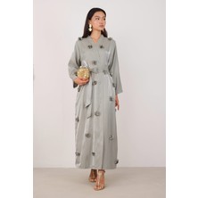 Çiçekli Aplikeli Abaya Çağla
