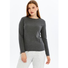 Defy's Fokus Kadın Nefes Alan %100 Pamuk Doğal Kumaş Rahat kalıp Bisiklet Yaka Uzun Kollu Antrasit Tişört