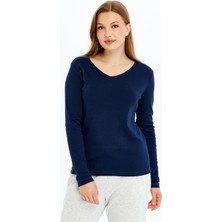 Defy's Vals Kadın Nefes Alan %100 Pamuk Doğal Kumaş Rahat kalıp V Yaka Uzun Kollu Lacivert Tişört