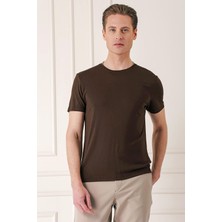 Slim Fit Bisiklet Yaka Düz Pamuklu Kahverengi Tişört Ts 823