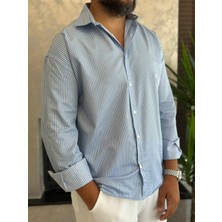 Erkek Rahat Kesim Çizgili  Pamuklu Gömlek Mavi ECA008