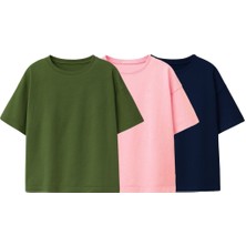 Besic 3'lü  Kız Çocuk T-Shirt ( Pembe - Haki - Lacivert )