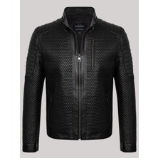 Hakiki Kuzu Derisi Siyah Erkek Deri Mont Petek Desen Deri Ceket