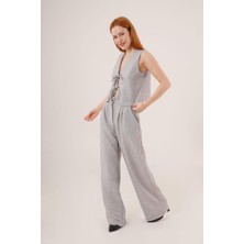 Ön Bağlama Detaylı Yelek ve Pantolon Gri Ikili Takım