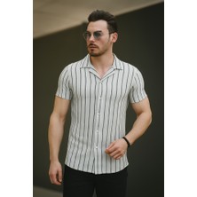 Erkek Kısa Kollu Gri Çizgi Desenli Örme Kumaş Pamuklu Gömlek