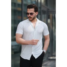 Erkek Kısa Kollu Gri Çizgi Desenli Örme Kumaş Pamuklu Gömlek