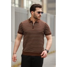 Erkek Fermuar Yakalı Çizgili Kısa Kollu T-Shirt