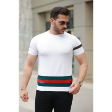 Demir Grup Erkek Bisiklet Yaka Bel Ve Kol şerit Desenli Kısa Kollu Tişört - 3XL -  Beyaz