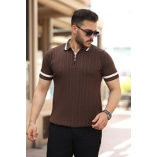 Erkek Yaka ve Kolları Çizgi Detaylı Fermuarlı Kısa Kollu T-Shirt
