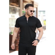 Erkek Göğüs Pirinç Desenli Fermuar Yakalı Kısa Kollu Tişört