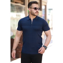 Erkek Göğüs Pirinç Desenli Fermuar Yakalı Kısa Kollu Tişört